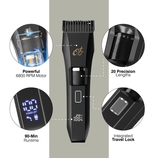 Oty Beard Trimmer for Men Adjustable - Waterproof Cordless Hair Clippers with 20-Length Dial, Stainless Steel Blades, LED Display & Travel Lock - Rechargeable - Ideal Gift for Men