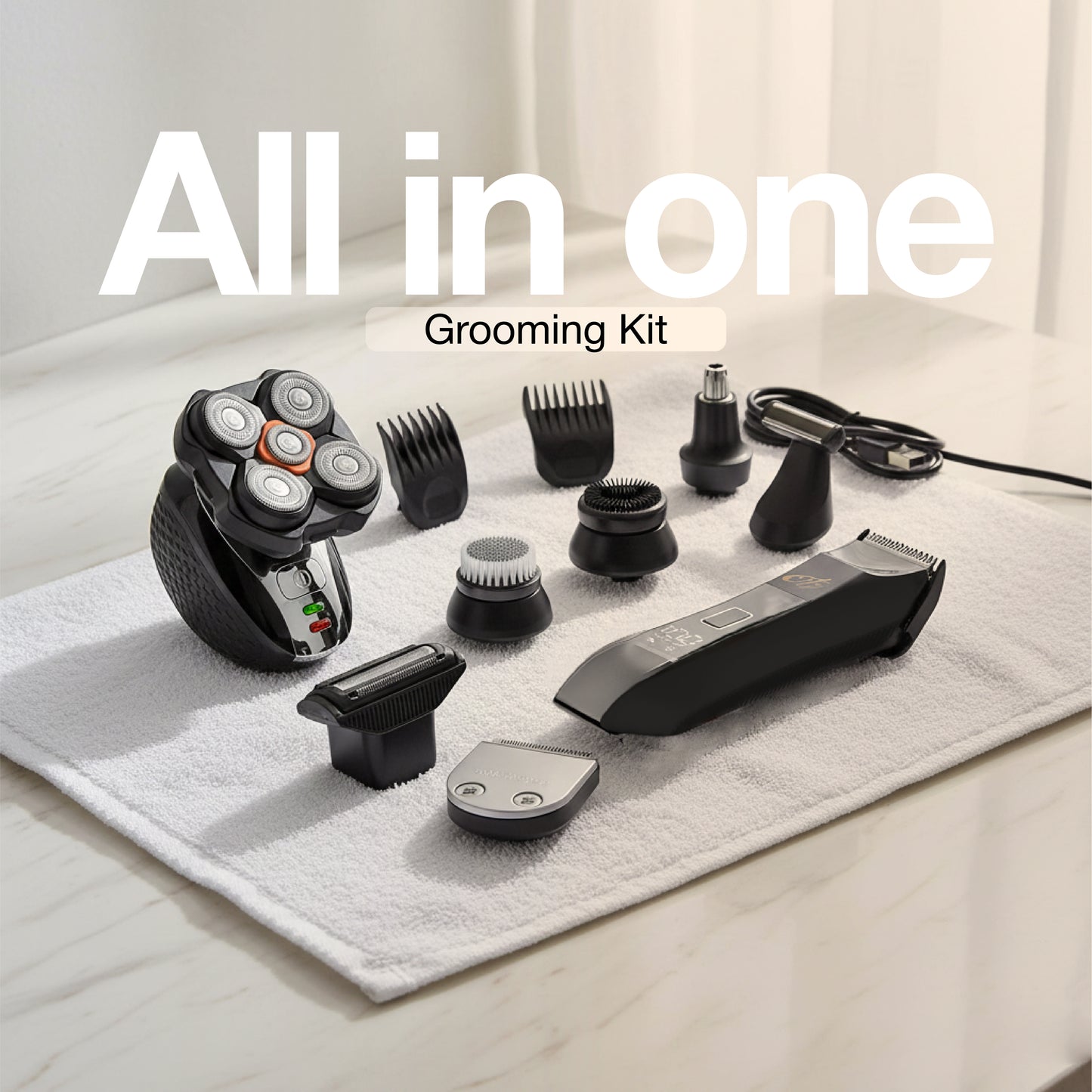 OTY Kit Get It All – Head Shaver & Body Trimmer for Men | Bald Groomer + Special Intimate Trimmer, Waterproof Cordless 8-in-1 Complete Grooming Kit