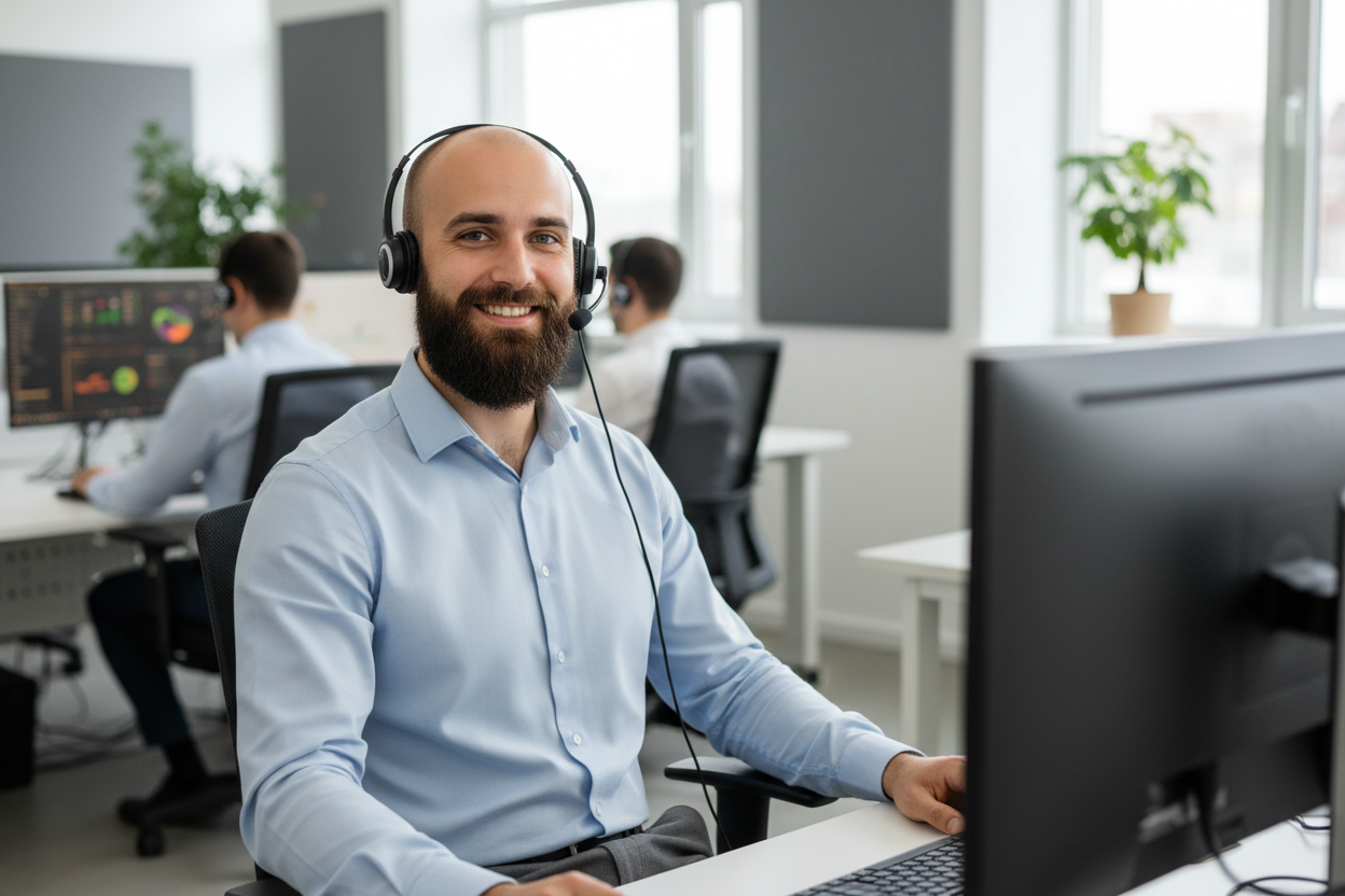 persona call center hombre con barba y calvo